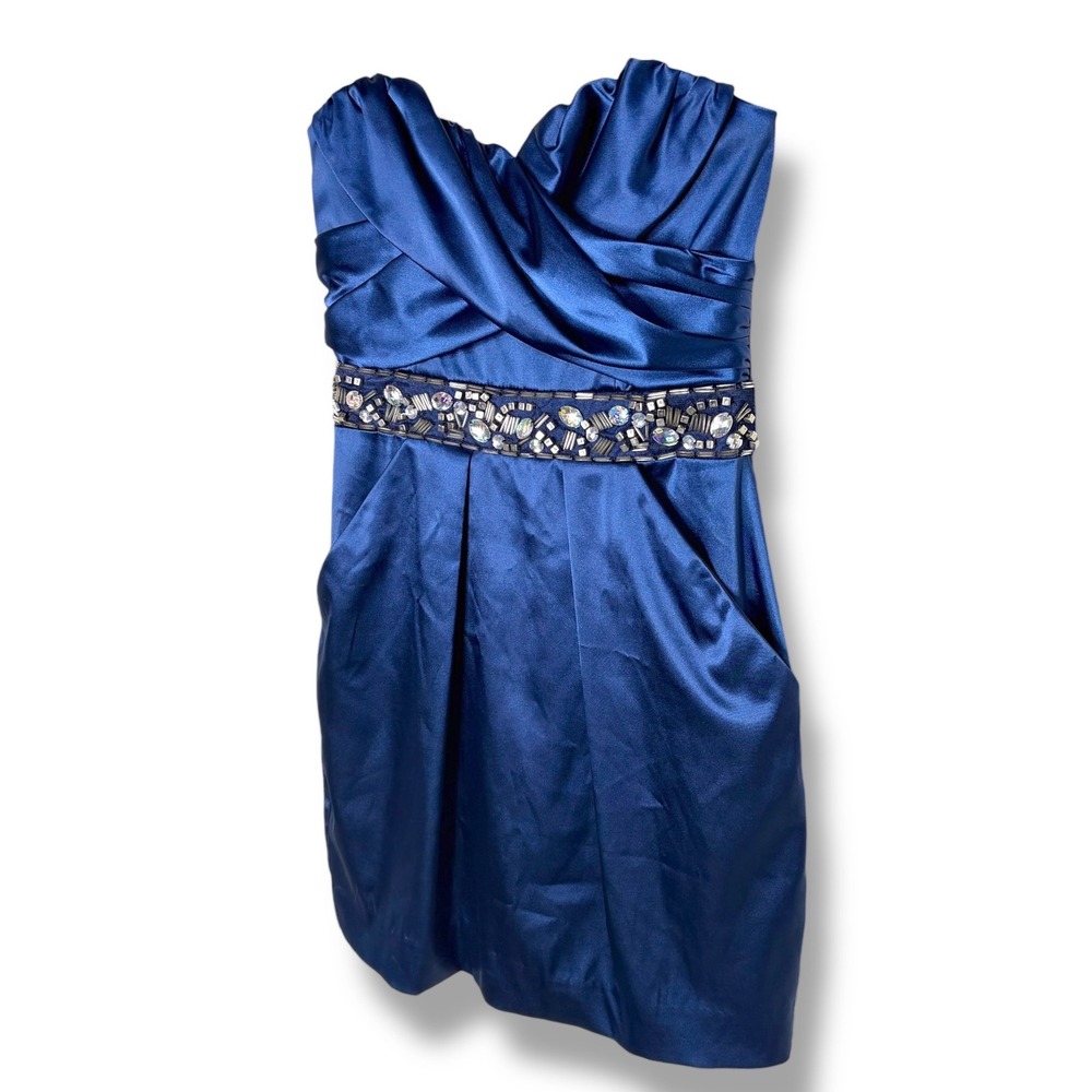 Vintage Y2K B. Darlin Cocktail Dress‎ 7/8 Blue Strapless Beaded Satin D27X7825